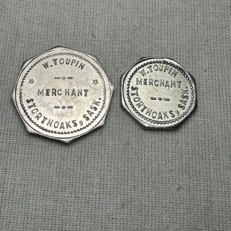 Lot of 2 Merchant W Toupin Tokens 25 Cents and 5 Cents Storthoaks Saskatchewan