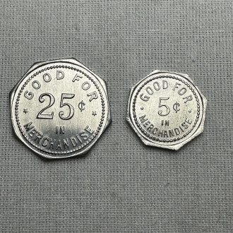 Lot of 2 Merchant W Toupin Tokens 25 Cents and 5 Cents Storthoaks Saskatchewan
