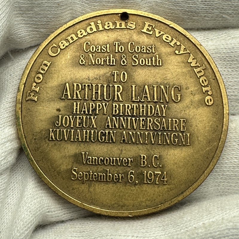 commemorative medal celebrating the birthday of Arthur Laing on September 6, 1974.