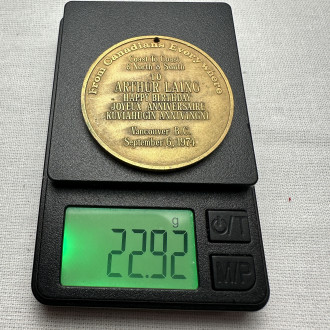 commemorative medal celebrating the birthday of Arthur Laing on September 6, 1974.