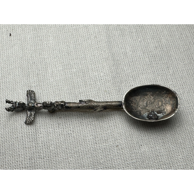 Canada Yukon sterling silver Totem spoon brooch with a silver nugget inside.